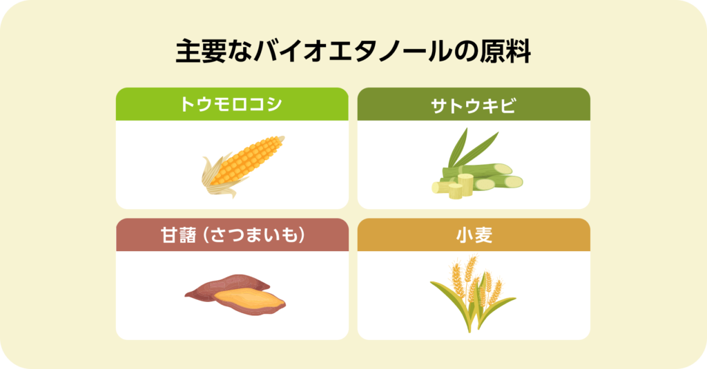 主要なバイオエタノールの原料。トウモロコシ、サトウキビ、甘藷（さつまいも）、小麦。