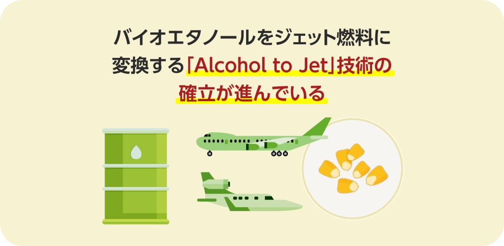 バイオエタノールをジェット燃料に変換する「Alcohol to Jet」技術の確立が進んでいる。