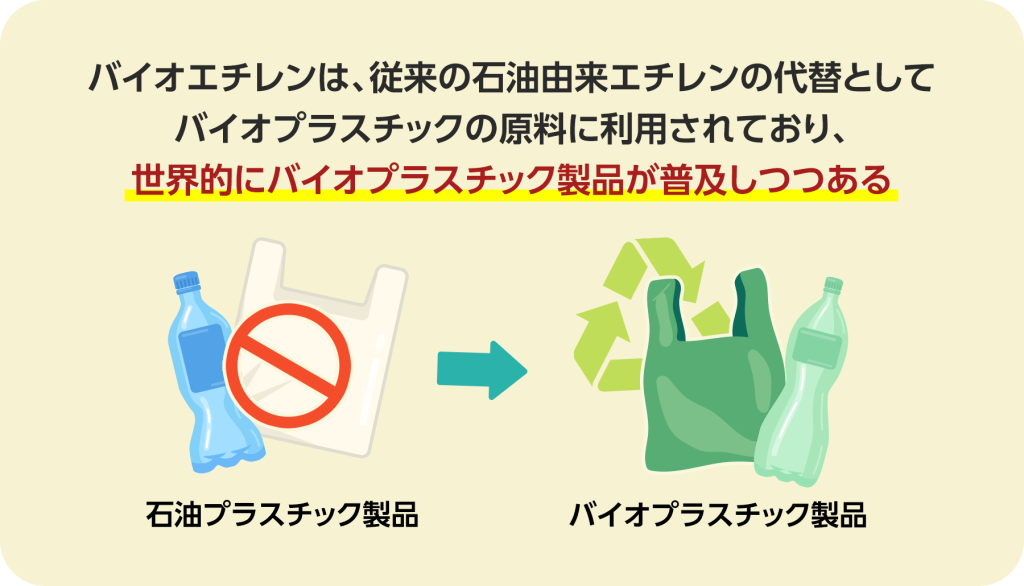 バイオエチレンは、従来の石油由来エチレンの代替としてバイオプラスチックの原料に利用されており、世界的にバイオプラスチック製品が普及しつつある