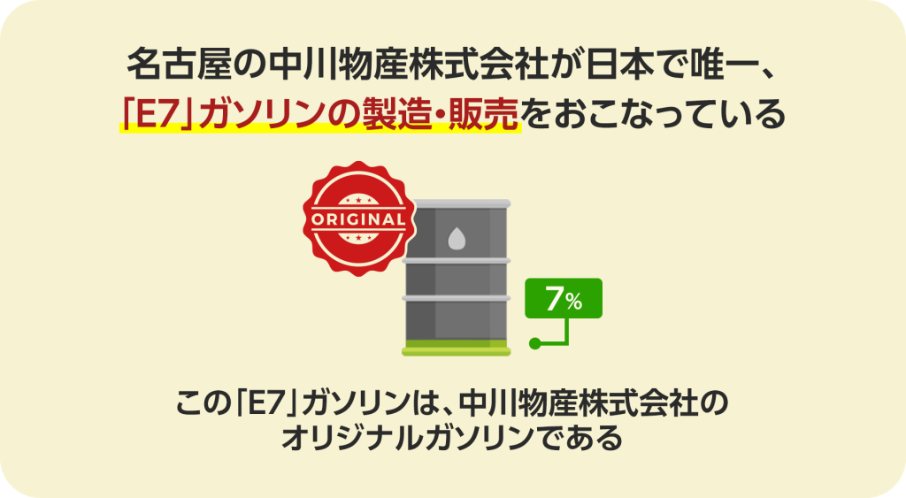 名古屋の中川物産株式会社が日本で唯一、「E7」ガソリンの製造・販売をおこなっている。この「E7」ガソリンは、中川物産株式会社のオリジナルガソリンである。