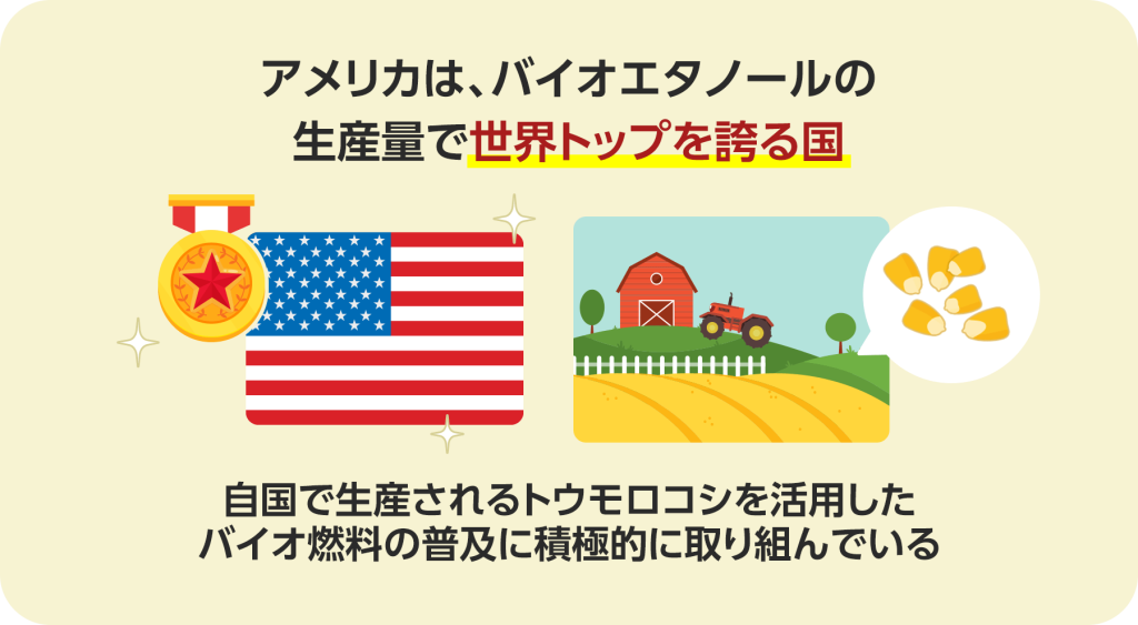 アメリカは、バイオエタノールの生産量で世界トップを誇る国。自国で生産されるトウモロコシを活用したバイオ燃料の普及に積極的に取り組んでいる。