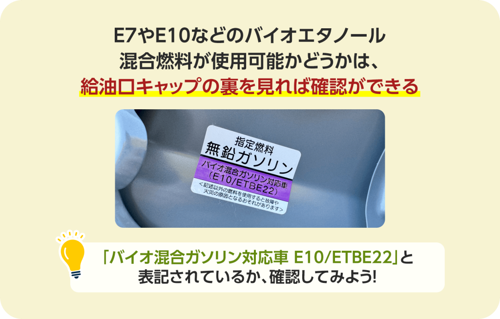 E7やE10などのバイオエタノール
混合燃料が使用可能かどうかは、給油口キャップの裏を見れば確認ができる。「バイオ混合ガソリン対応車 E10/ETBE22」と表記されているか、確認してみよう！