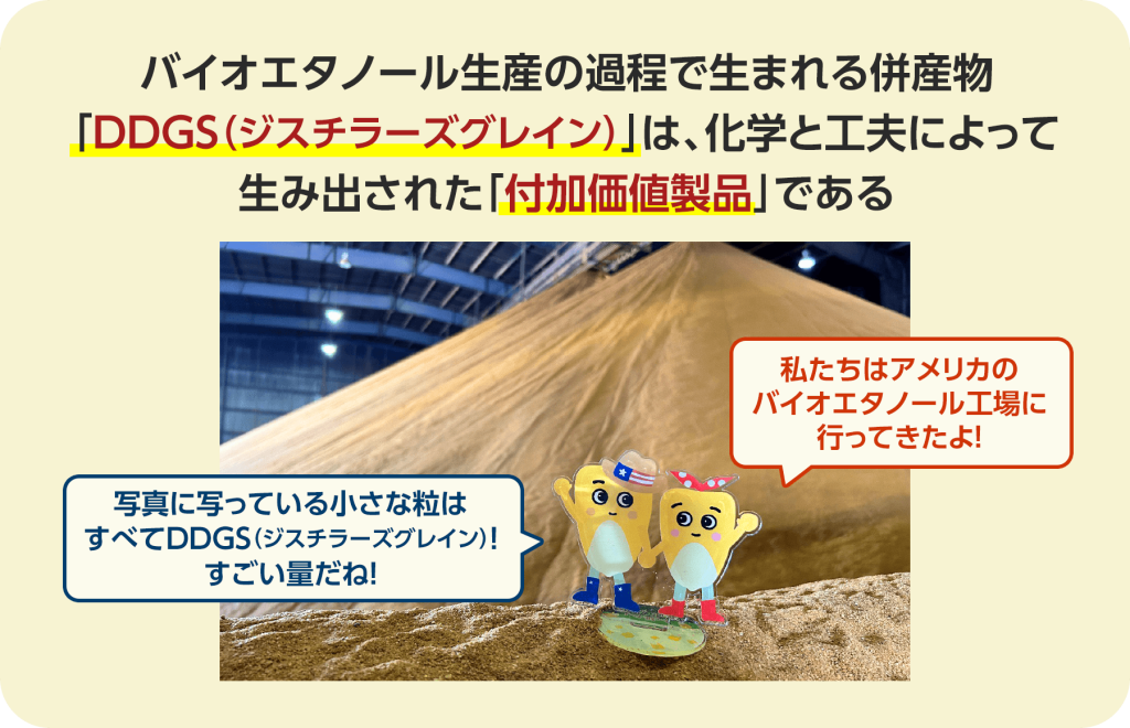 バイオエタノール生産の過程で生まれる併産物「DDGS(ジスチラーズグレイン)」は、化学と工夫によって生み出された「付加価値製品」です。