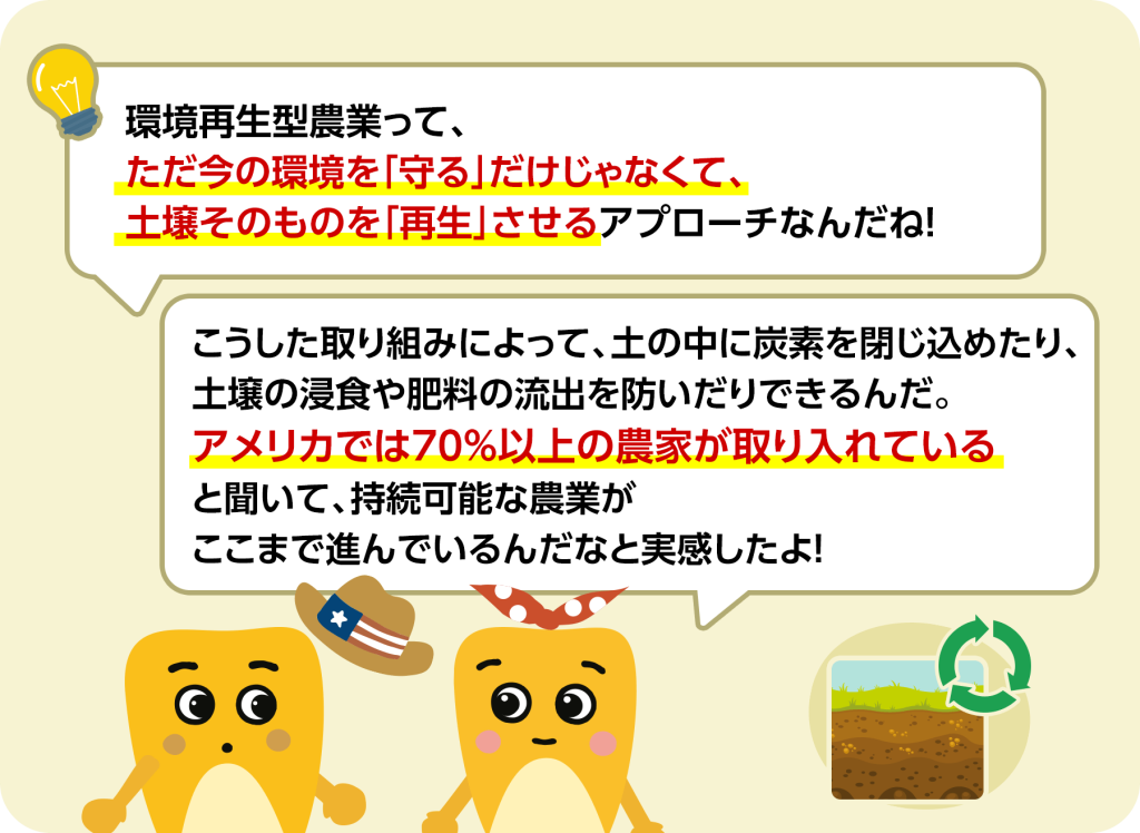 環境再生型農業って、ただ今の環境を「守る」だけじゃなくて、土壌そのものを「再生」させるアプローチなんだね! こうした取り組みによって、土の中に炭素を閉じ込めたり、土壌の浸食や肥料の流出を防いだりできるんだ。アメリカでは70%以上の農家が取り入れていると聞いて、持続可能な農業がここまで進んでいるんだなと実感したよ!