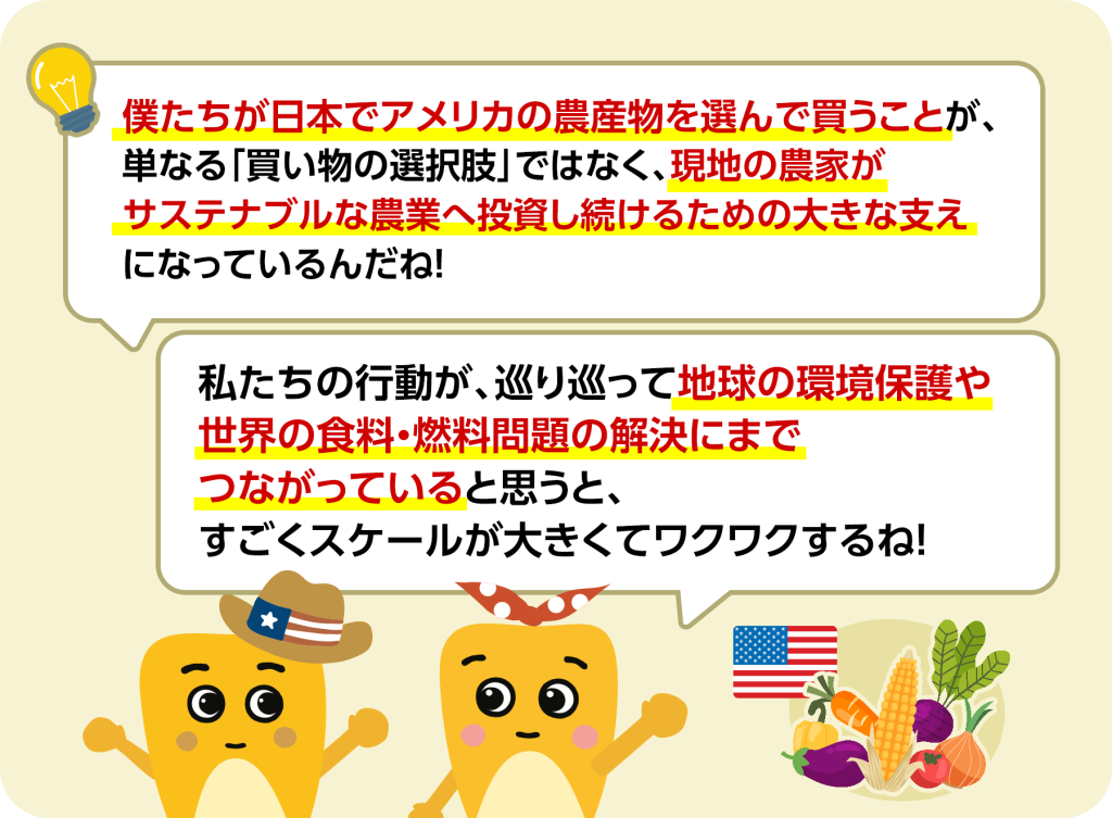 僕たちが日本でアメリカの農産物を選んで買うことが、単なる「買い物の選択肢」ではなく、現地の農家がサステナブルな農業へ投資し続けるための大きな支えになっているんだね！ 私たちの行動が、巡り巡って地球の環境保護や世界の食料・燃料問題の解決にまでつながっていると思うと、すごくスケールが大きくてワクワクするね！