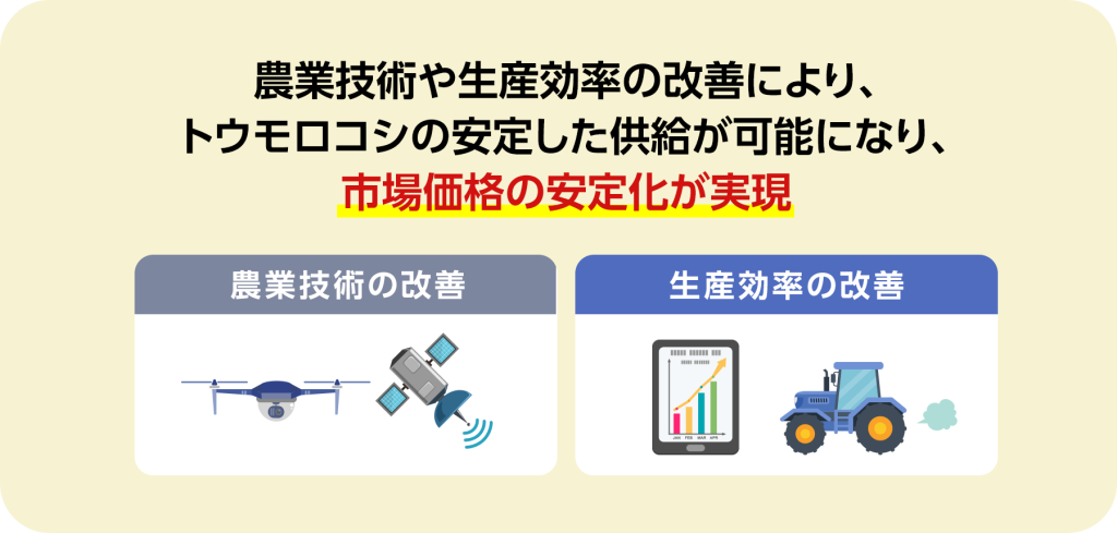 農業技術や生産効率の改善により、トウモロコシの安定した供給が可能になり、市場価格の安定化が実現しています。
